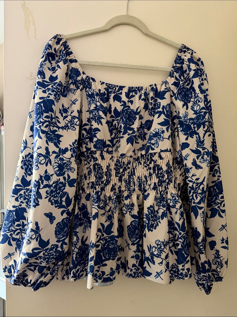 SHEIN White and Blue Floral Off-Shoulder Smocked Peasant Top